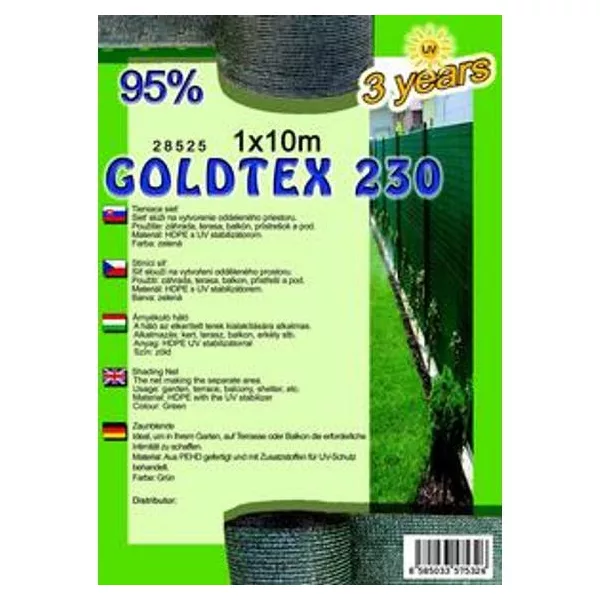 Árnyékoló háló GOLDTEX230 1x10m zöld 95%/6db-kart.