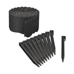   Ágyásszegély szett hullámos felső rész, 3 mm, fekete, 13cmx12m + leszúró tüske, fekete, 26,7x1,9x1,8cm, 10db