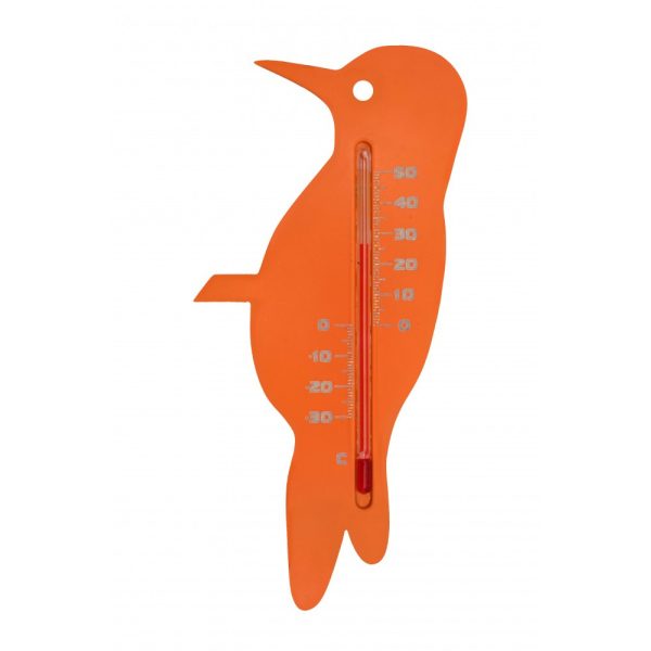 Hőmérő kültéri, műanyag, narancssárga harkály forma