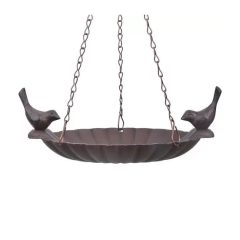   Felakasztható madáretető és itató, két kismadárral, öntöttvas