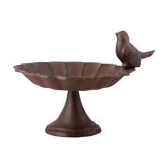 Madáretető és itató, egy kismadárral, öntöttvas