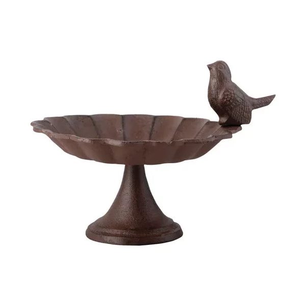 Madáretető és itató, egy kismadárral, öntöttvas