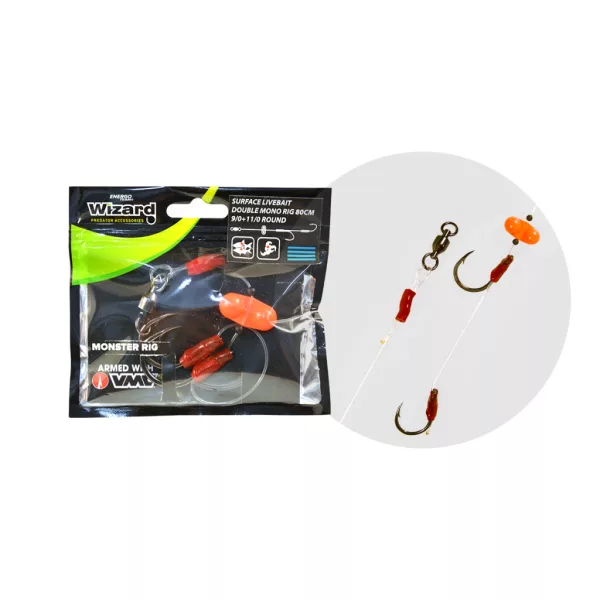 WIZARD MONSTER SURFACE LIVEBAIT DOUBLE MONO RIG 6/0+ 8/0 SPECIMEN
