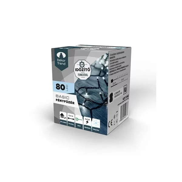 Fényfüzér-80 LED,  timer funkcióval, elemes, hideg fehér ,Basic 640 cm(KDT082)