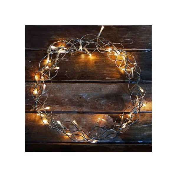 Fénykoszorú Elemes , meleg fehér, átlátszó kábel, 30 cm átmérő, 40 LED(KDE105)