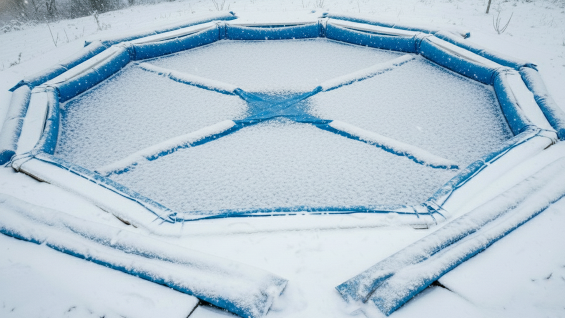 Medence takarófóliával téliesítve, fagytestekkel alatta